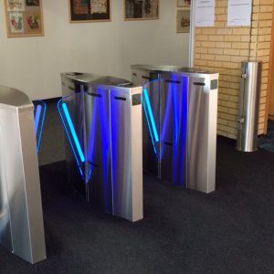 access card readers fitted on speed gate half height turnstile